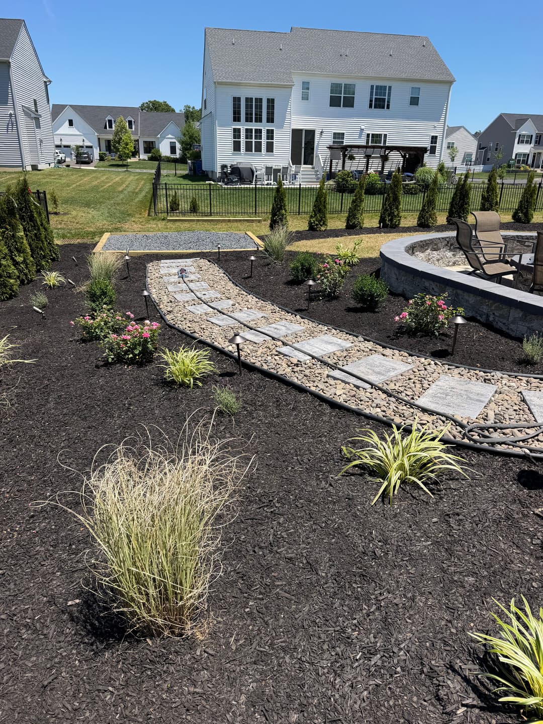 landscaped backyard featuring a stone path, plants, and a modern home in the background