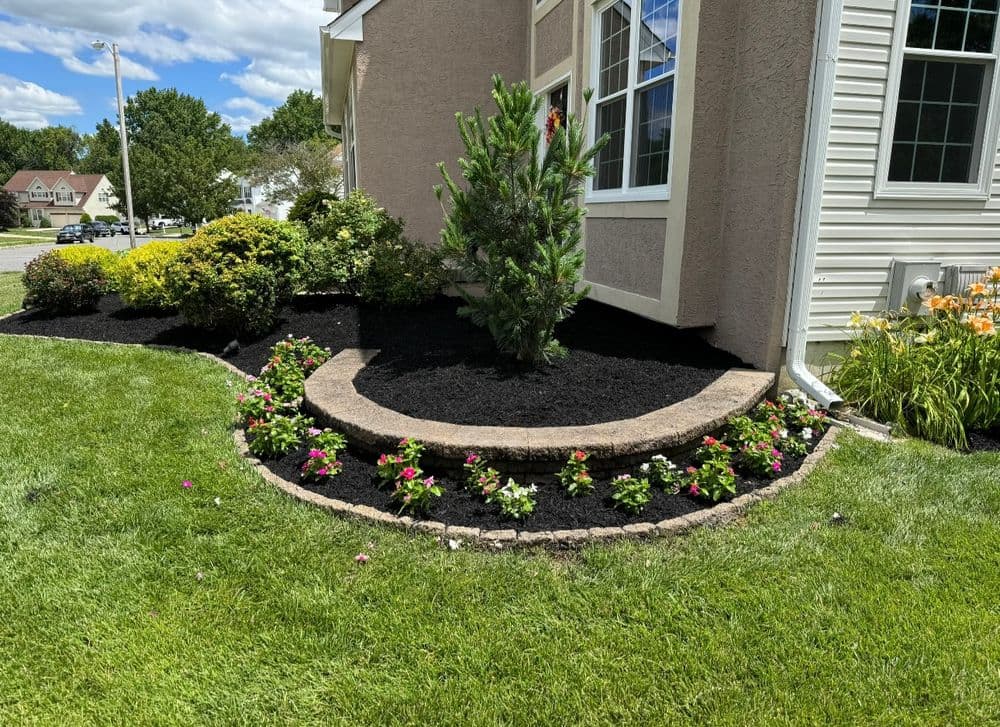 Beautifully landscaped garden with flowers, mulch, and a small tree by a house exterior.