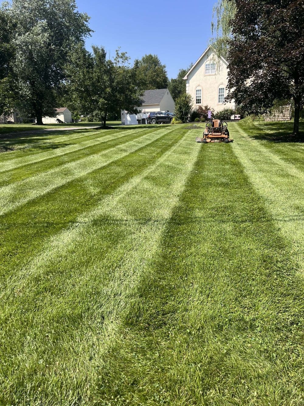 Lush green lawn with freshly mowed stripes and a riding mower in a residential yard.